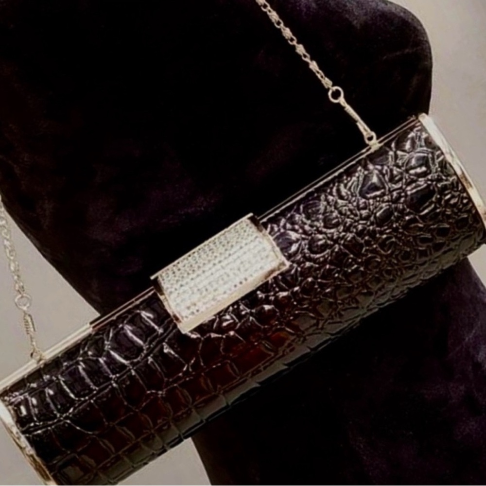 Made by Design Black Faux Patent Leather Alligator Embossed Clutch. Video